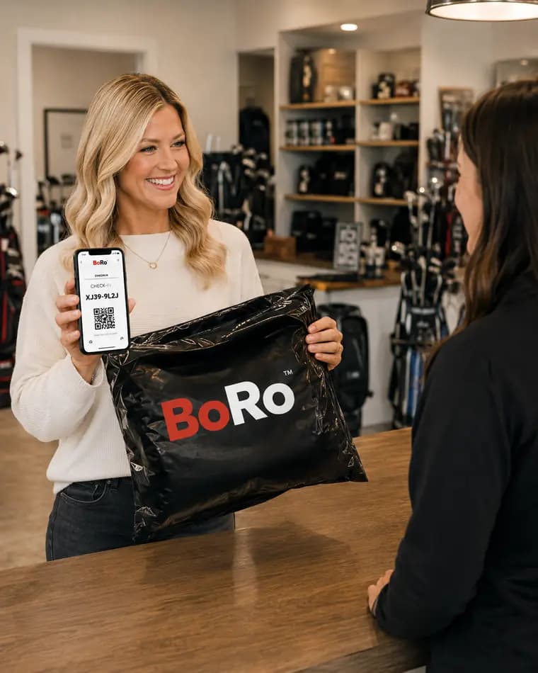 A customer hands a sealed BoRo bag across the counter while showing a check-in code on her phone.