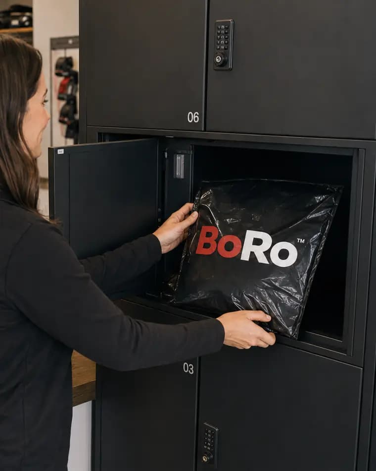 A staff member places the sealed bag into a numbered locker behind the counter.