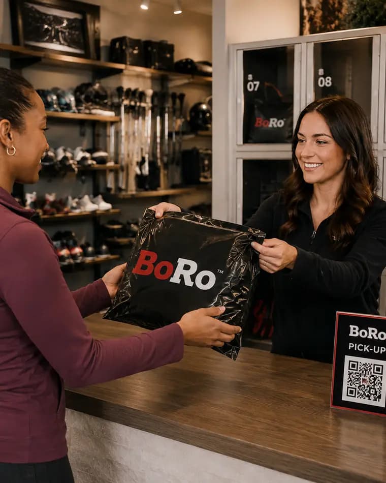 A staff member hands the sealed bag to a second customer at the pick-up counter.